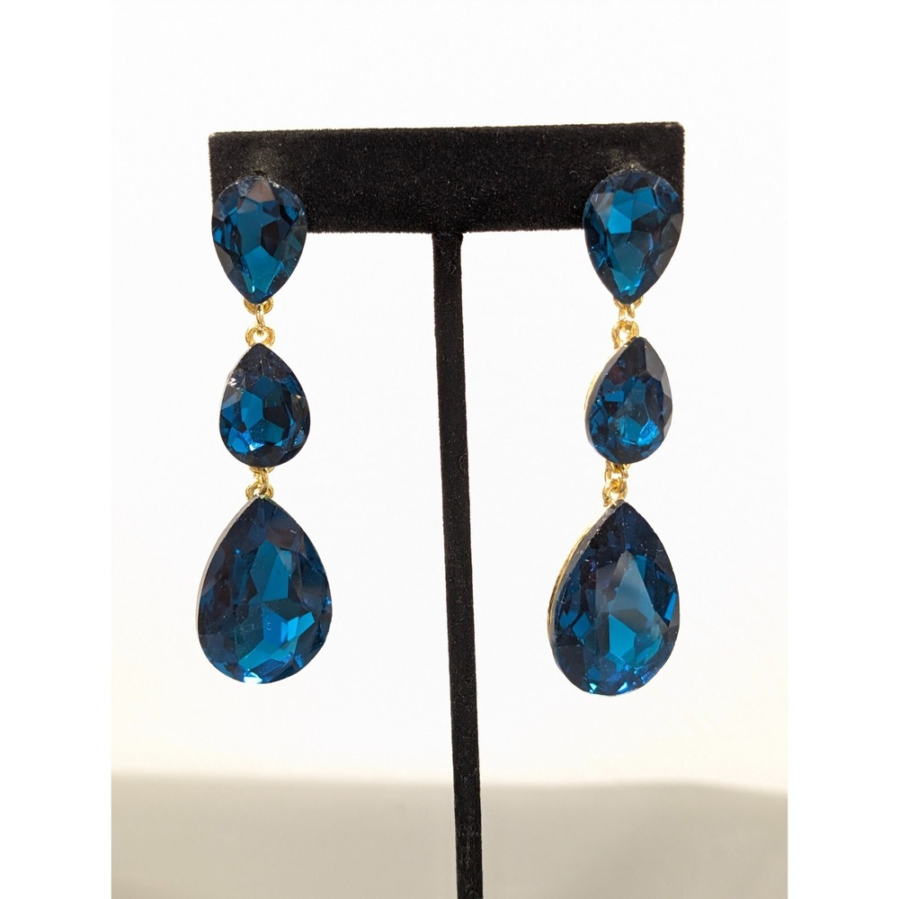 Blue Rhinestone Facet Teardrop Dangle Earrings Evening Glam Chic Runway